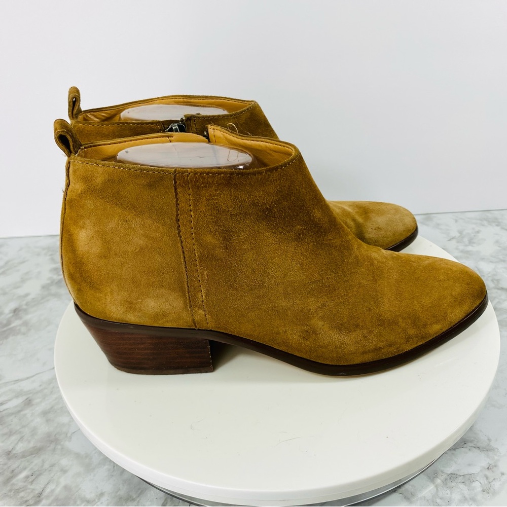J Crew Suede Leather Ankle Bootie Boots Womens 8 Camel Tan Block Heel Zipper